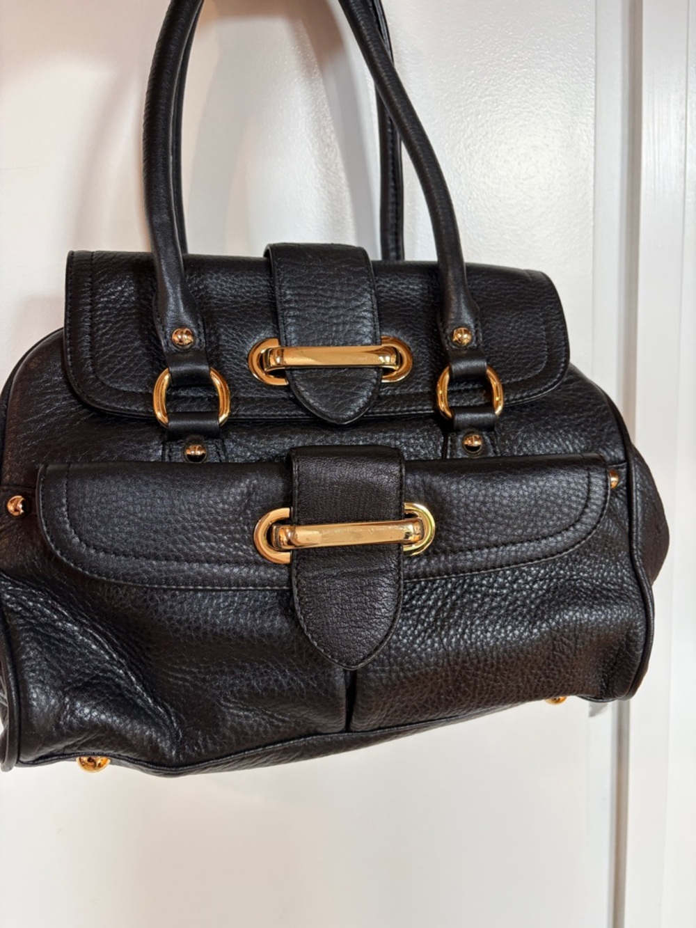 Like new! Anne Klein Black Pebble Leather Satchel Handbag with Gold Hardware
